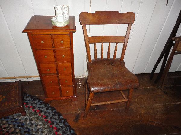 10 drawer apothecary chest, plank seat fancy chair